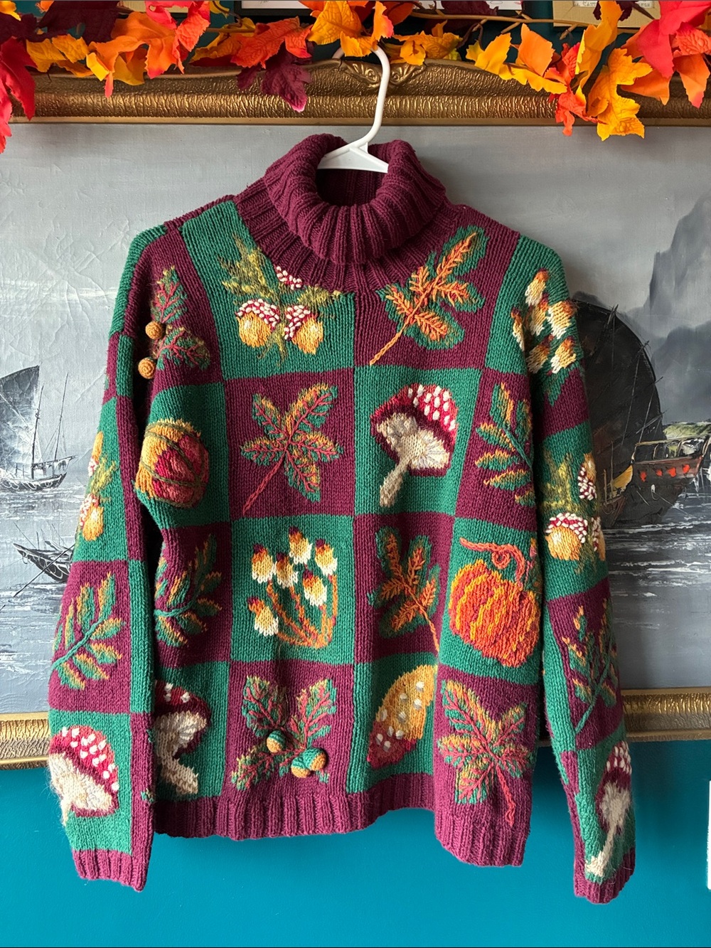 Vintage 90s 3D Fall Motif ❤️Patchwork Turtleneck Sweater